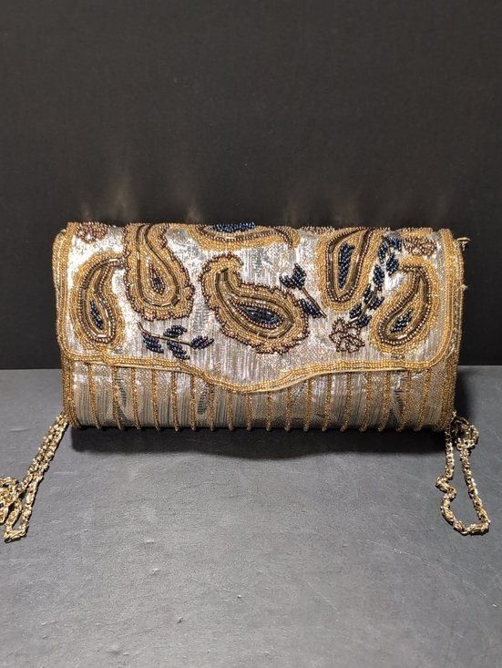 Kaiho Handbags - VGT,Kaiho Gold/Blue Intricately Beaded Paisley Design Clutch/Evening Purse.